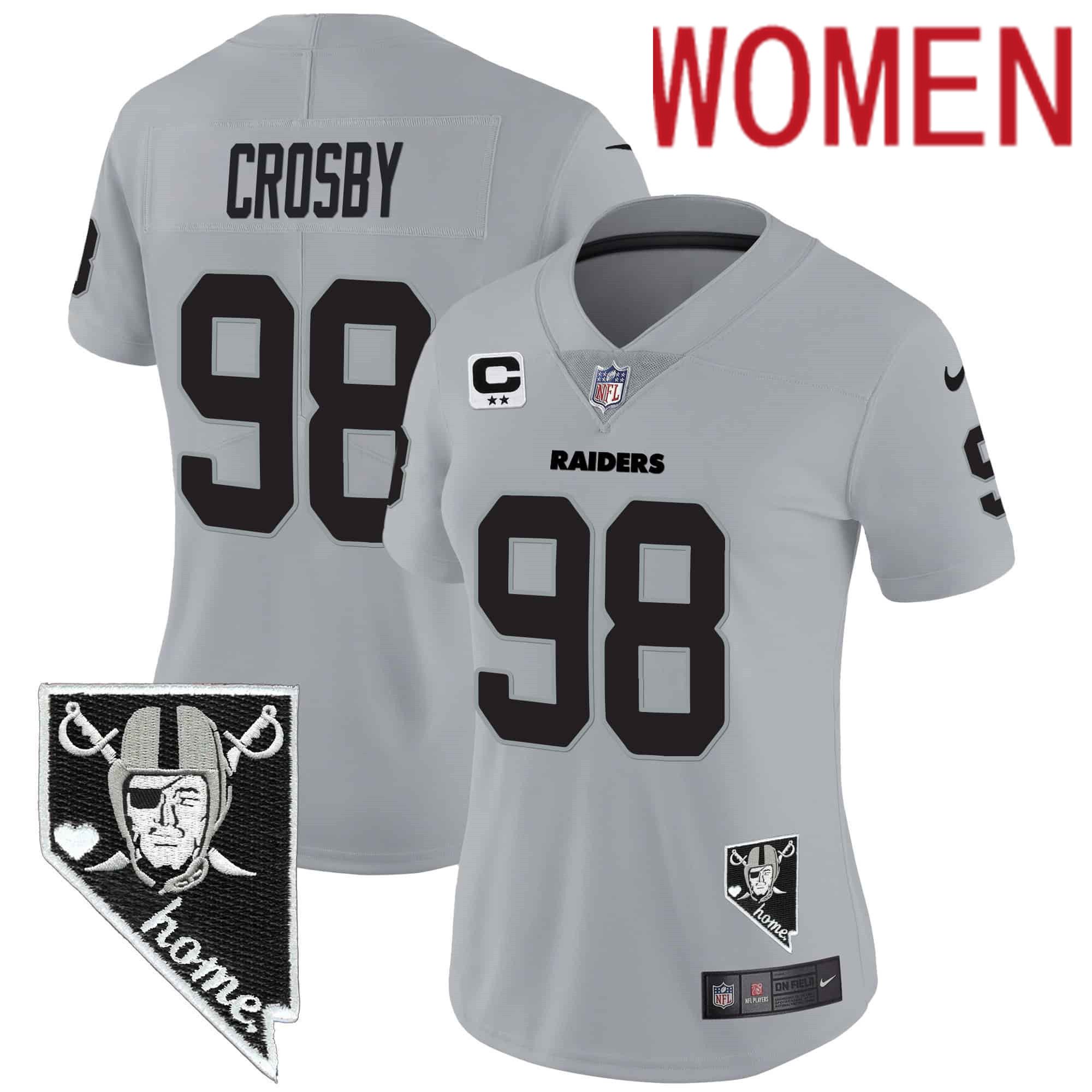 Women Oakland Raiders 98 Crosby Grey 2024 Nike Nevada Home Patch Vapor NFL Jersey